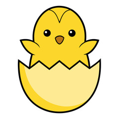 A cheerful cartoon chick with bright yellow feathers emerging from a cracked eggshell