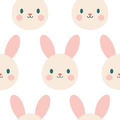 A cute seamless pattern illustration featuring cartoon rabbit faces for spring