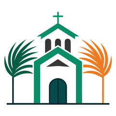 A simple green and white church building illustration with a cross and two stylized palm trees