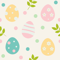 A cheerful and cute seamless pattern featuring decorated easter eggs in soft pastel colors with spring leaves