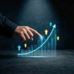 Hand pointing at a glowing bar chart showing upward growth and financial success