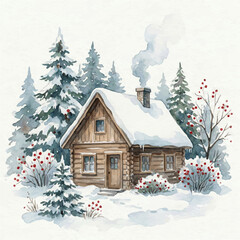 Naklejka premium Watercolor Winter Cabin Village Illustration