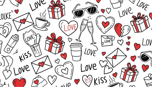 Seamless pattern with hand drawn love themed doodles and red hearts