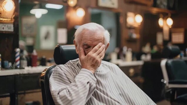 Old man covering face in barbershop