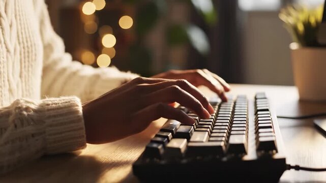 Engaging in creative writing at home with cozy lighting and a focus on keyboard skills