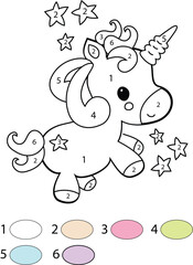 Colorful unicorn for kids with stars and numbered coloring palette