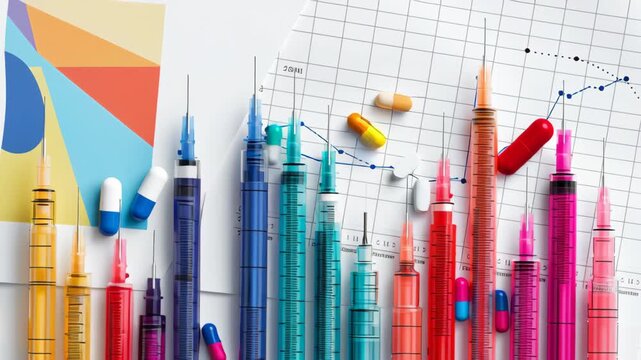 Colorful syringe capsules pills medicine drug pharmaceutical research data chart graph medical treatment development innovation progress white background scattered tablets printed charts needles