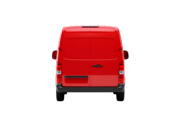 Rear view of a red delivery van with black trim and logo isolated on transparent background