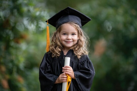 Joyful child graduate celebrating a special milestone in a cap and gown while proudly holding a diploma outdoors surrounded by nature