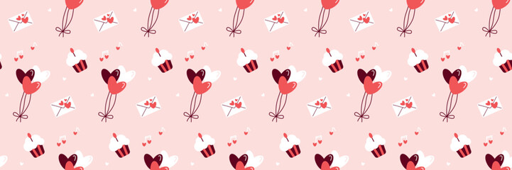 Playful Valentine’s Day Pattern with Balloons, Cupcakes, and Love Letters Valentines Day seamless pattern Long horizontal web cover banner, sale header, voucher template. Wedding, packaging, wrapping