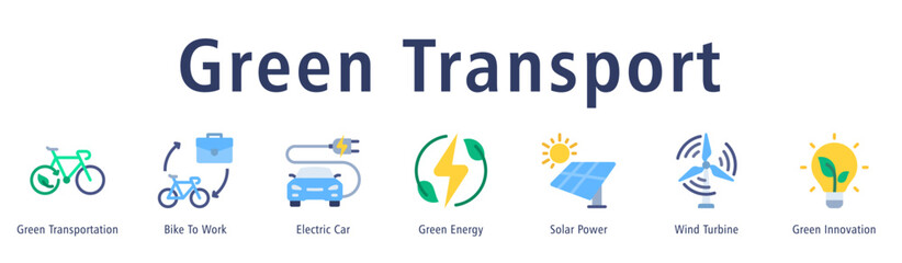 Green Transport web banner icon vector illustration with icons of Green Transportation, Bike to Work, Electric Car, Green Energy, Solar Power, Wind Turbine, and Green Innovation.