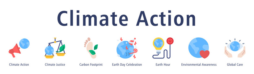 Climate Action web banner icon vector illustration with icons of Climate Action, Climate Justice, Carbon Footprint, Earth Day Celebration, Earth Hour, Environmental Awareness, and Global Care.
