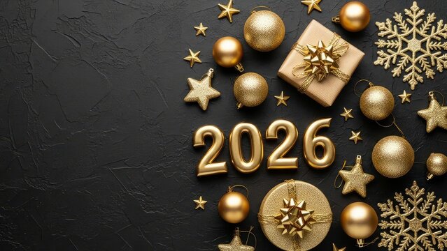 Golden 2026 new year celebration with festive ornaments stars snowflakes and gift box on dark textured background for holiday greetings and festive designs - Powered by Adobe