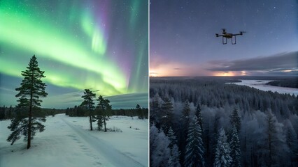 Northern Lights over Winter Wonderland and Drone Flight: Capturing the mesmerizing beauty of the Northern Lights dancing across the night sky.