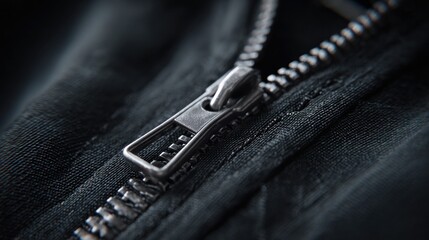 Close-up of a Metal Zipper on a Black Fabric, Perfect for Fashion and Textile Related Projects