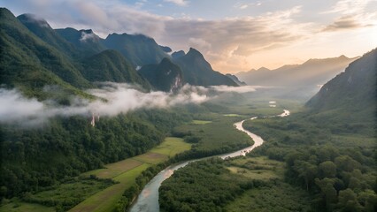 Scenic Valley Panorama: A breathtaking view unfolds, showcasing a serene river meandering through a lush valley framed by majestic mountains, all bathed in soft, natural light.