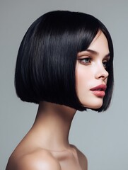 Fototapeta premium ultra glossy glass bob haircut, straight sharp edges, clean makeup,