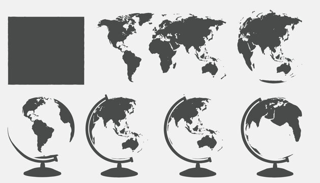 Gray world map & globe icons. Square outline. Different views of continents and globe on white background