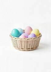 Minimalist Easter egg basket with colorful eggs on white background  
