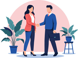 Vector illustration of two professional business people, a man and woman, shaking hands after successfully closing a deal or partnership agreement