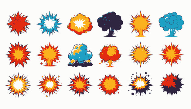 A collection of vibrant explosions and bursts in various colors and shapes