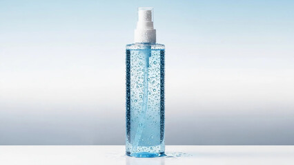 Clear glass spray bottle filled with light blue liquid and small bubbles against a soft blue gradient background.