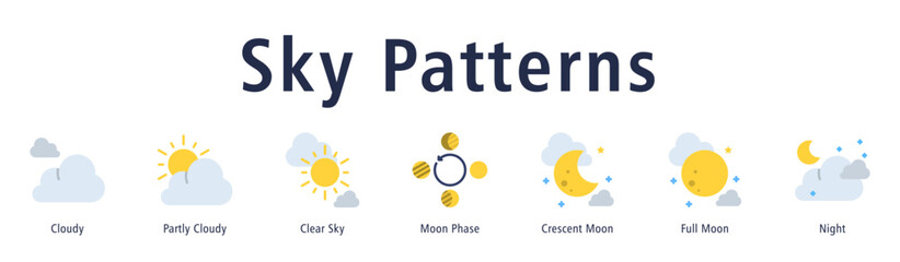 Sky Patterns web banner icon vector illustration with icons of Cloudy, Partly Cloudy, Clear Sky, Moon Phase, Crescent Moon, Full Moon, and Night.