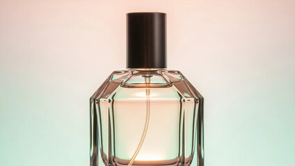 Elegant clear glass perfume bottle with black cap and light pink liquid against a soft gradient background.