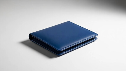 A closed dark blue leather bi fold wallet resting on a clean white surface with soft shadow.