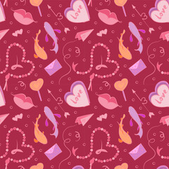 Seamless pattern with adorable Valentine doodles: hearts, gifts, arrows, and romantic icons. Playful hand-drawn style for wrapping paper, textiles, wallpapers, and holiday backgrounds.