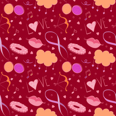 Seamless pattern with adorable Valentine doodles: hearts, gifts, arrows, and romantic icons. Playful hand-drawn style for wrapping paper, textiles, wallpapers, and holiday backgrounds.