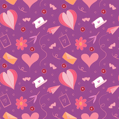 Seamless pattern with adorable Valentine doodles: hearts, gifts, arrows, and romantic icons. Playful hand-drawn style for wrapping paper, textiles, wallpapers, and holiday backgrounds.