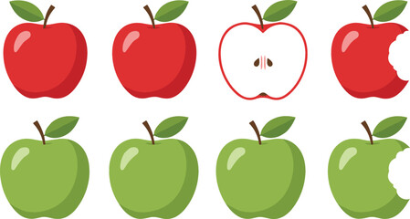 Vector icon set collection of red and green apples in various stages: whole, sliced, and bitten, representing healthy fruit and diet