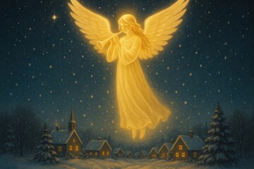 Naklejka premium Celestial angel over snowy village.