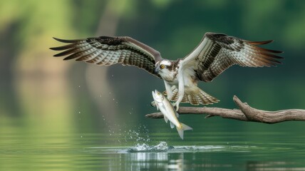 Fototapeta premium Powerful Osprey Raptor Lands on Branch with Freshly Caught Fish, Highlighting Precision Hunting and Wildlife Success.