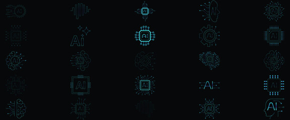 Discover a versatile collection of modern artificial intelligence icons representing AI brain and chip technology concepts.