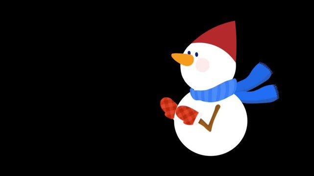 Snowman cartoon character shivering in cold winter wind storm on transparent background.