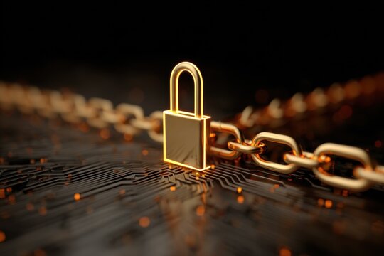 Concept of internet security data protection emphasizing blockchain technology with a digital lock on a circuit board - Powered by Adobe