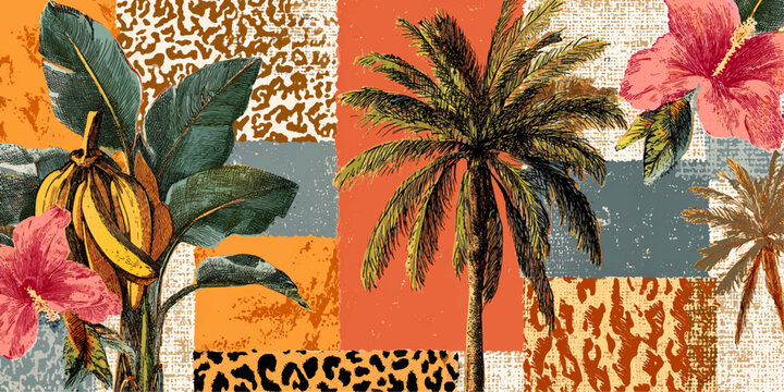 Vibrant tropical collage featuring palm trees hibiscus flowers and animal print patterns