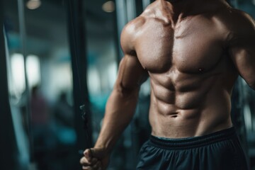 Fototapeta premium Strong athlete engaged in intense exercise with resistance bands at a sports facility, showcasing remarkable physical strength and dedication during a workout session