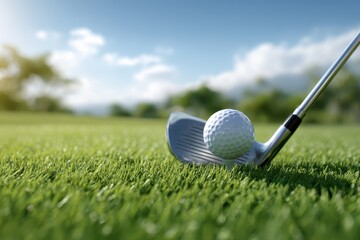 Closeup view of a golf club striking a clean white ball on a lush, well-maintained putting green under a bright blue sky