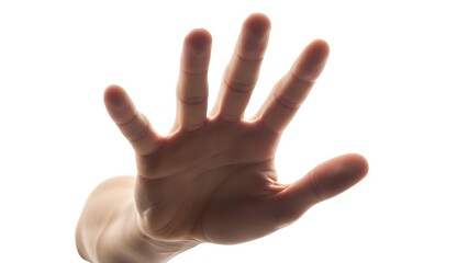 Close up of a human hand held up with fingers spread wide against a bright white background symbolizing stop or warning.
