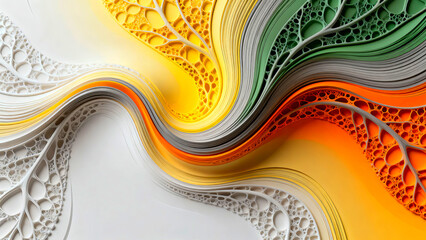 Abstract paper art wave flowing layers vibrant colors white yellow orange green gray intricate cellular structure modern design background texture dynamic movement digital wallpaper concept