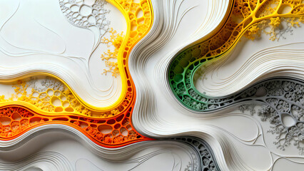Abstract layered paper art featuring vibrant orange yellow green and grey fractal structures flowing across a white background creating dynamic organic wave patterns for modern digital wallpaper desig