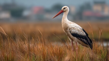 Obraz premium White stork standing in grassy wetland with long legs in serene natural habitat