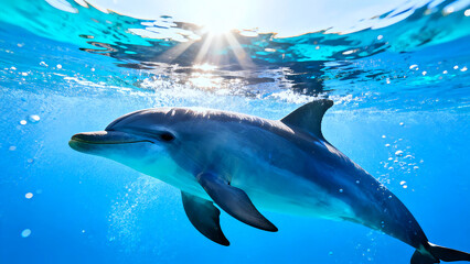 Dolphin swimming underwater sun rays bright blue ocean surface tropical marine life aquatic mammal playful creature nature wildlife sea animal freedom joy vibrant water light beam
