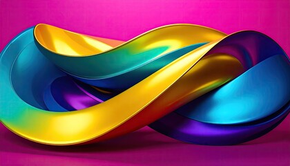 Glossy, abstract ribbon in various rainbow colors, looping against a bright pink background