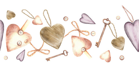 Vintage hearts, bows, antique key, buttons seamless border. Declaration of love. Beige, lilac coloured birthday gifts, valentines day sweet love design. Hand drawn Illustration on isolated background