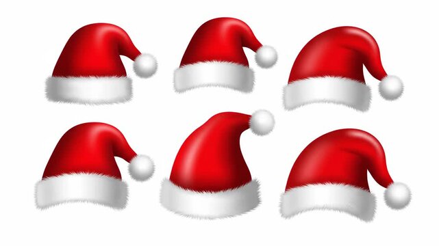 Red santa claus hats on white background festive decoration