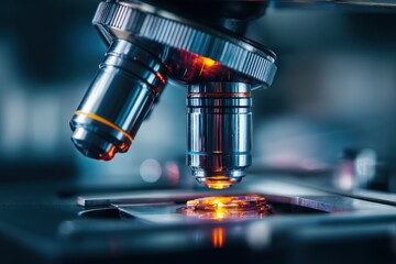 Detailed view of a laboratory microscope showcasing intricate features and illumination in a science research setting during daylight